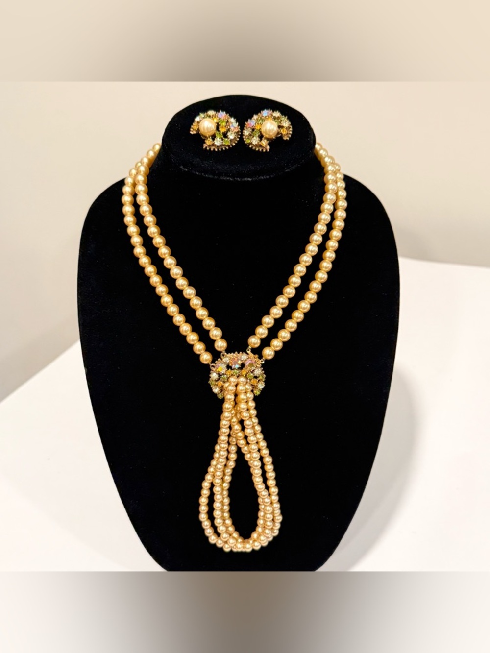 Vintage High End Faux Pearl & Rhinestone Box Clasp Multi Strand Necklace Estate